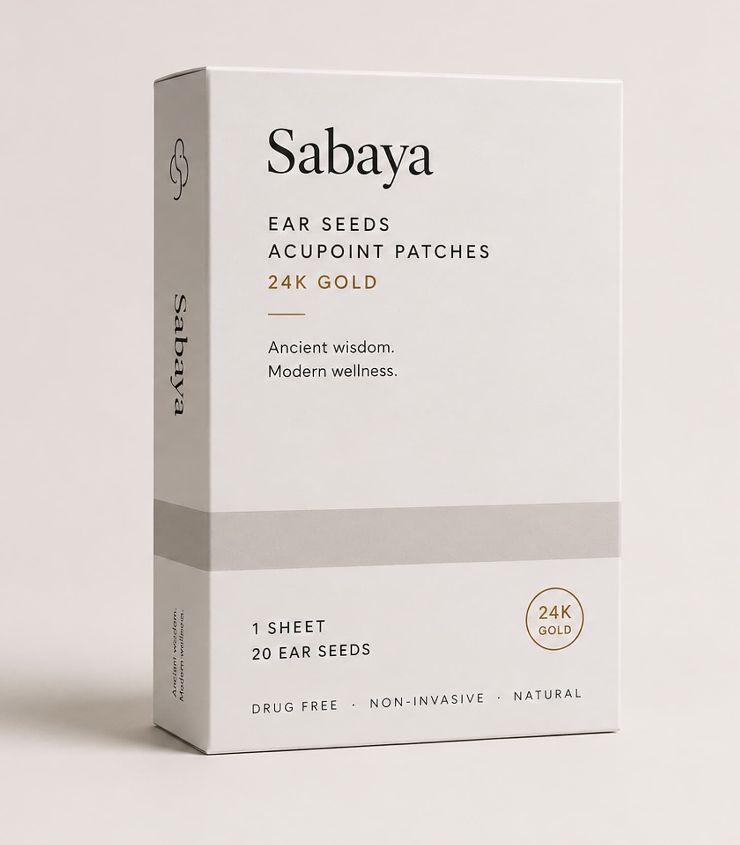 กล่อง Sabaya ด้านหน้า — แผ่นแปะกดจุดหู ทองคำ 24K